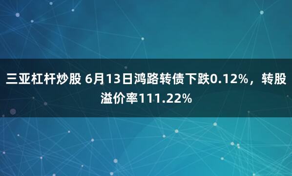 三亚杠杆炒股 6月13日鸿路转债下跌0.12%，转股溢价率111.22%